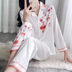 New Chinese Style Purple Ice Silk Sleepwear Womens Spring Summer Fashion High End Thin Long Sleeve Home Clothes 2025 New