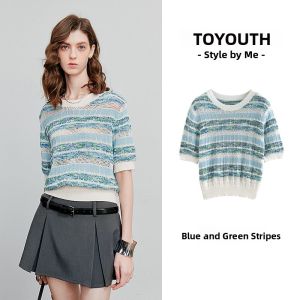 Toyouth | Colorful Striped Round Neck Short Sleeve Aurora Style Knit Top