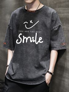 ROMON | เสื้อยืดแขนสั้นผู้ชายฤดูร้อนบางสไตล์อเมริกันคอตุ้มทรงเรโทรผ้าเดนิมซักแล้วผ้าไหมน้ำแข็งแฟชั่นฤดูร้อน 2023