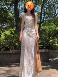 Elegant French Style White Lace Strap Dress Womens Summer 2025 Slim Fit Long Skirt High Waist Soft Material V-Neckline H-Shape