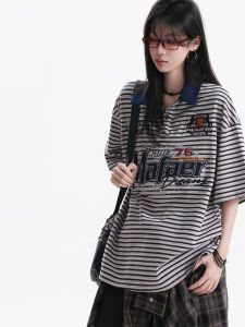zuocisankon | Street Vintage Design Sense Embroidery Badge Striped Collar Casual Loose T-Shirt