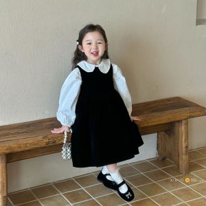 Elegant Velvet Dress for Girls Black Vest Polo Skirt Childrens Clothing Autumn Season Princess Style Soft Fabric Medium Thick