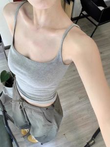 Áo Ba Lỗ Không Đệm Ngực Kiểu Pháp Cho Nữ Áo Ba Lỗ Ôm Vừa Vặn Màu Xám Gợi Cảm Mùa Hè Áo Ba Lỗ Ngắn Cổ Chữ V Không Tay