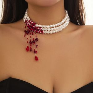Ingemark | Multilayer Vintage Red Blood Pattern Imitation Pearl Tassel Pendant Necklace for Women Goth Crystal Bead Chain Halloween Jewelry