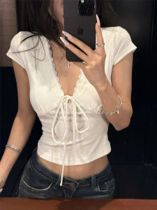 XIANGBAIWEI | Lace V-Neck Tied Short Sleeve Tight T-Shirt