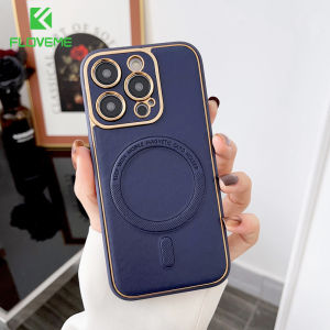 FLOVEME Fashion Leather Wireless Charging Phone Case For iPhone 14 13 12 Pro Max 14 Plus Gold Plating All-inclusive Bumper Soft Back Cover For iPhone 14 13 12