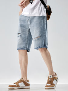 Slim Fit Five Inch Denim Shorts Men Summer Thin Tear Loose Straight Casual mid Waist Cotton Polyester Blend Jeans Shorts