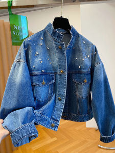 Elegant Blue Denim Jacket Womens Spring Autumn Loose European Design Unique Small Jacket Top Commute Style Button Decoration