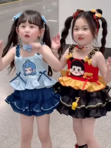 Girls Summer Outfit Cartoon Zhu Bajie Baby Girl Versatile Strap Denim Skirt Trendy Ao Bing Childrens Clothing Set School Style