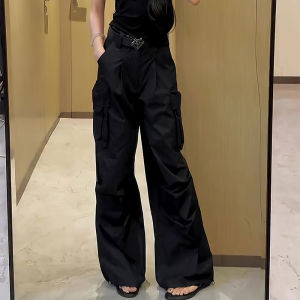 Black High Waist Loose Wide Leg Pants Multiple Pockets Workwear Style Casual Trousers for All Body Types Autumn Fashion