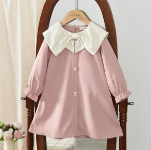 ชุดเดรสลำลองผูกโบว์สีทึบฉบับภาษาเกาหลีหมีสำหรับเด็กหญิงชุดลำลองเด็ก3ถึง7ปีชุดลำลองเสื้อคอปกแขนยาวฤดูใบไม้ผลิและฤดูใบไม้ร่วง