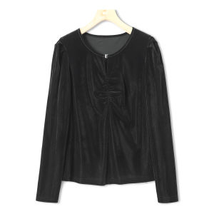 West Lake Pavilion Elderly Ko Velvety Elastic T-Shirt Autumn Season Long Sleeve round Neck Regular Fit Polyester Spandex