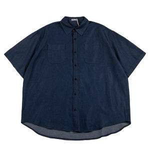 Noears Japanese Style Cityboy Retro Dark Blue Thin Denim Lapel Shirt Short Sleeve Summer Workwear Shirt