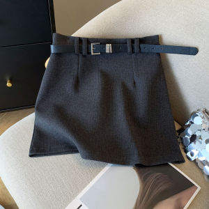 Gray Woolen High Waist Wrap Body Short Skirt for Women Spring Autumn College Style Fat Mm Stylish Slimming Mini Skirt
