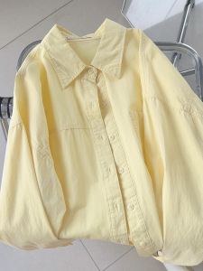 Young Womens Loose Long Sleeve Milk Yellow Shirt Inner Wear Casual Style Korean Version Cotton Material Outerwear Trendy