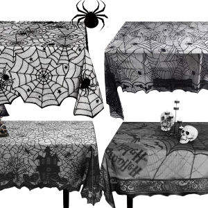 1 Piece Halloween Lace Tablecloth Bat Net Skull Pattern Rectangular Shape For Party Decoration Haunted House Pumpkin Design