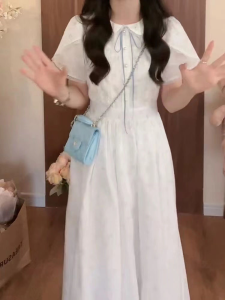 Sweet Floral Print Maxi Dress Womens Summer Loose Style French Elegant A-Line Gown Short Sleeve High Waist Bubble Sleeve Dress