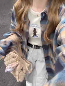 Retro American Color Block Plaid Shirt Jacket Womens Spring Autumn Loose Long Sleeve Top High Sensation Commute Style