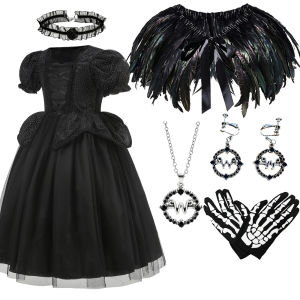 Black Witch Dress For Girls Luxury Lace Frocks Kids Halloween Carnival Birthday Cosplay Costumes Dark Theme Role Playing Outfits