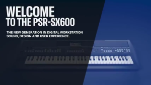 Đàn organ Yamaha 61 phím PSR-SX600 chính hãng với màn hình hiển thị bàn phím trắng đen giá đỡ đàn tai nghe và nguồn điện kèm theo.