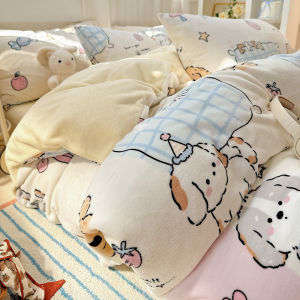 Cute Cartoon Thickened Double-sided Fleece Bedding Set Milk Velvet Three-piece Set Winter Warm Storage Cup Holder Bedding