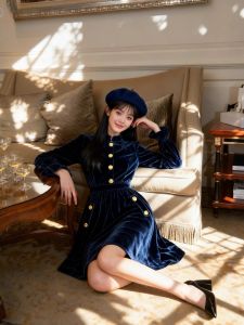 French Blue Velvet Dress Commemorative Day Thickened A-Line Shirt Dress mid Waist Polyester Fiber Long Sleeve Zipper Closure