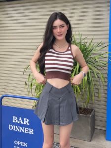 SpinnyHouse 🌈 ครอบเสื้อกล้าม ถักทอลายทาง ผ้าไหมพรม 🧼 ยืดเยอะน้า ช่วงปลายเสื้อมีจั้มเอวให้ งานสไตล์เกาหลี รุ่น ขนมชั้น