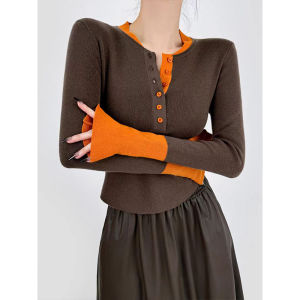 Womens Knitted Base Shirt round Neck Long Sleeve Waist-Cinched Inner Wear Top Color Block Design Button Decoration