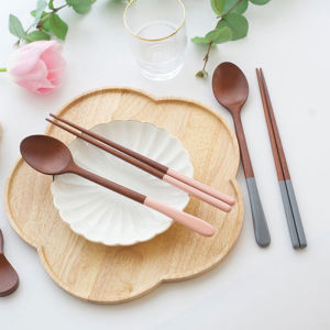 Portable Solid Wood Chopsticks Soup Spoon Korean Style Dining Utensils Set for Students Children Macaron Rice Spoon Set