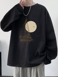 Pure Cotton Long Sleeve T-Shirt Mens Loose Fit round Neck Printed Base Shirt Spring Autumn Trendy Brand Casual Comfortable