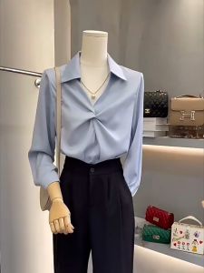 HUILISHI Korean Style V-neck Plain Fashionable Long-Sleeved Commuter Lapel Shirt for Women