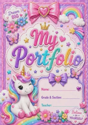 My Melody Portfolio COVER A5 Size 135 gsm photo sticker with pink bow and floral design for Name Grade & Section Teacher fields.