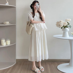 Maternity Summer Dress Loose Frock Style White Chiffon Long Skirt Cover Belly Chinese New Style round Neck Short Sleeve
