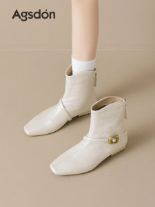 Agsdon Womens Short Boots White Thick Heel Square Head Winter Fashion Boots Casual Style Zipper Closure Versatile Knight Boots