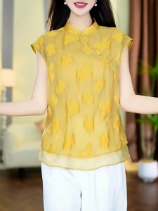 QINGNAER | Chinese Style Floral Short Sleeve Blouse