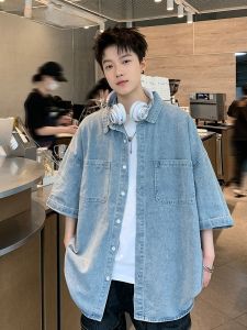 HetingHOME | Hetinghome Summer Loose Mens Denim Shirt Short Sleeve Genderless Fashion Brand Youth Trend Cotton Polyester Blend Shirt