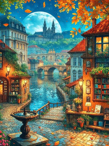 Tranh Thêu Kim Cương 5D Huacan DIY Tranh Phong Cảnh Ngôi Nhà Trên Đường Phố Dưới Ánh Trăng Đính Đá Tròn/vuông Đầy Đủ Tranh Khảm Trang Trí Năm 2026