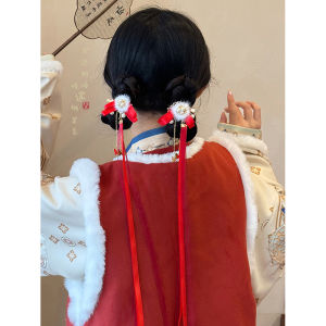 กิ๊บติดผมปีใหม่ 2025 สีแดง โบว์ขนแกะ สำหรับผู้หญิง ฤดูหนาว สไตล์ชาติพันธุ์ ตกแต่งผม ฮันฟู จี้ผมแบบจีน