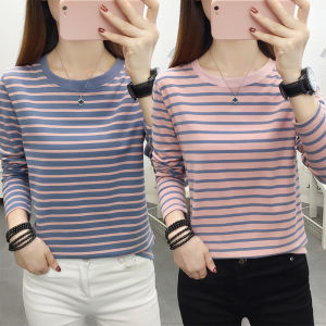 Loose Long Sleeve Pure Cotton Striped T-Shirt Womens plus Size Cover Belly Base Shirt Spring Autumn New Style Commute Simple