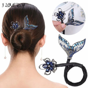 Elegant Hair Bun Maker Women Flower Mermaid Tail Curly Hair Stick Pill Head Rhinestone Hair Clip Ballet Donut Bud Head Band