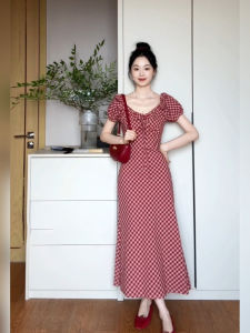Red Plaid French Style Square Collar Long Dress Slimming Waist Design for plus Size Women Summer Season Casual Wear Polyester Fiber