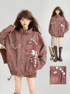 KEIKO | Áo Khoác Rộng Thêu Hình Khủng Long Màu Đỏ Rượu
