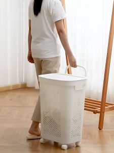 [ผลักและดึง] ตะกร้าพลาสติก 45/60L (+10) ตะกร้าใส่ผ้า มีฝาปิด สีขาว ขายดี รับประกัน15วัน