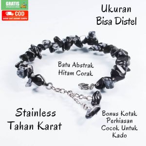 Gelang Wanita Stainless Tahan Karat Batu Jasper Hitam Bercorak
