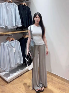 Quần Ống Rộng Bằng Lụa Băng Màu Xám Cho Nữ Mùa Hè Phong Cách Mỹ Quần Dài Ống Rộng Cạp Cao Quần Dài Thường Ngày Quần Dài Ống Loe