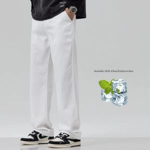 กางเกงยีนส์สีขาวของผู้ชายฤดูร้อนผ้าไหมน้ําแข็งบางหลวมกางเกงขากว้างตรงแฟชั่นล้างและแขวนกางเกงลําลองอเนกประสงค์