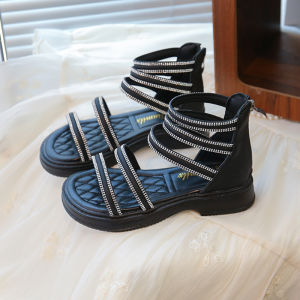 รองเท้าแตะส้นเตี้ยประดับเพชรสำหรับเด็กผู้หญิง รองเท้าทรงโรมันแบบสวมซิป กันลื่น นุ่มสบาย ระบายอากาศได้ดี สำหรับฤดูร้อน