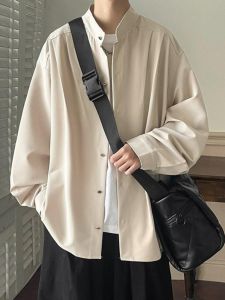 New Chinese Style Mens Long Sleeve Shirt Collarless Oversize White Shirt Jacket Lazy Japanese Style High End Feeling