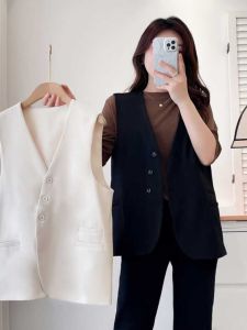 Beige Suit Jacket Womens Large Size New Spring Autumn Korean Style Three Button Shoulder Western Vest Tank Top Commute Polyester Fiber