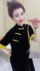 Fashionable Velvet Dress Womens Summer New Style Short Sleeve Splicing Qipao Buttoned Skirt Korean Style A-Line Midi Dress